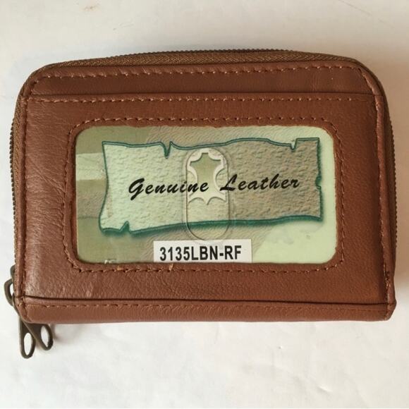 Leather rfid blocking wallet brown double zipper card holder - Picture 1 of 3